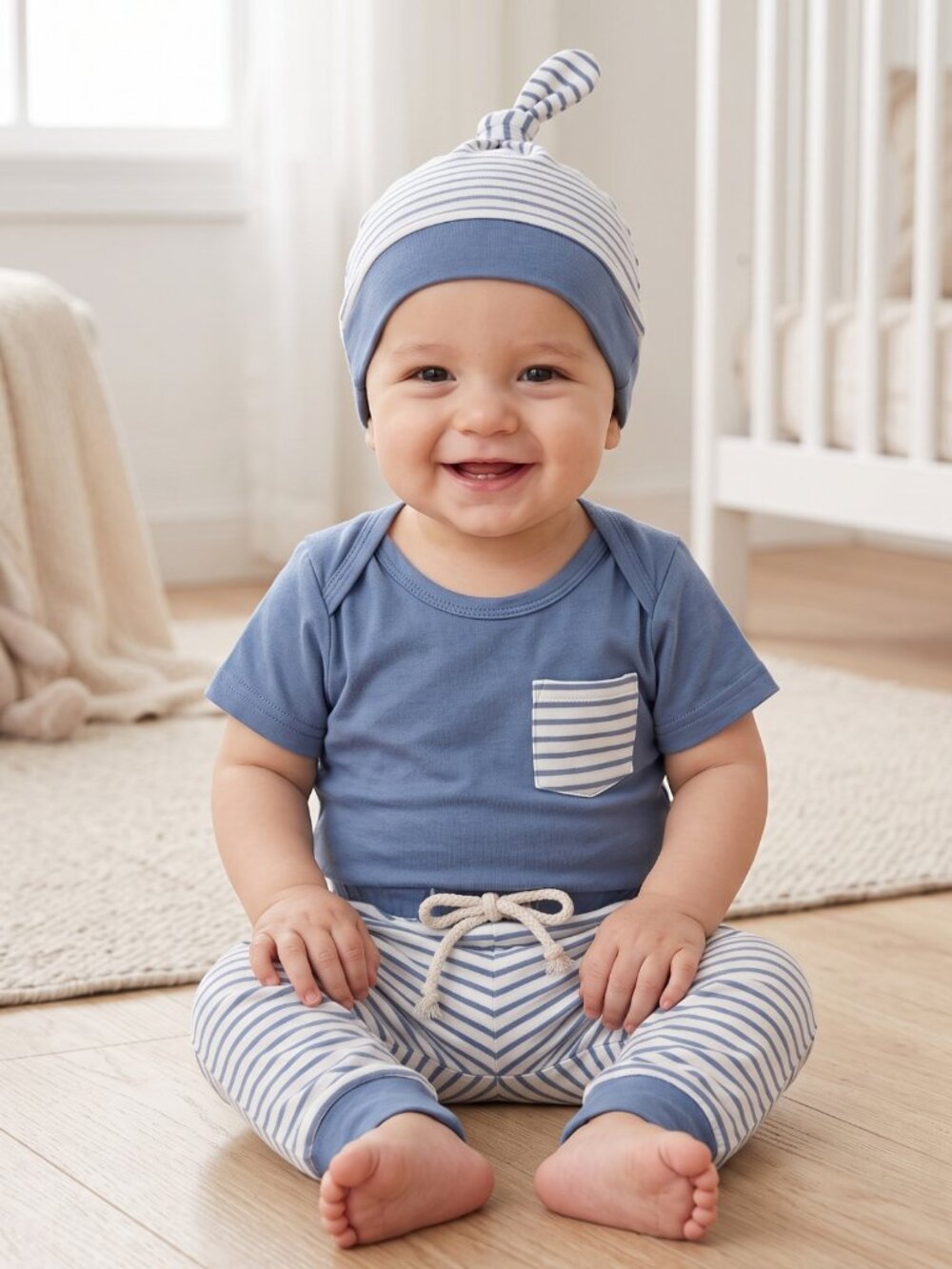 NWT | Sunny Pig 3-Piece Striped Outfit | Onesie, Pants & Hat | 12-18M
